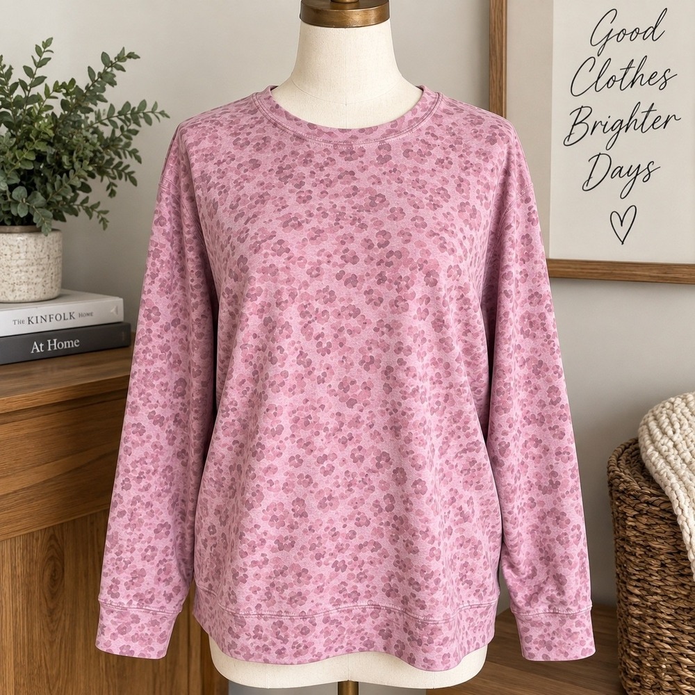 Athleta Pink Leopard Print French Terry Crewneck Sweatshirt Size Medium